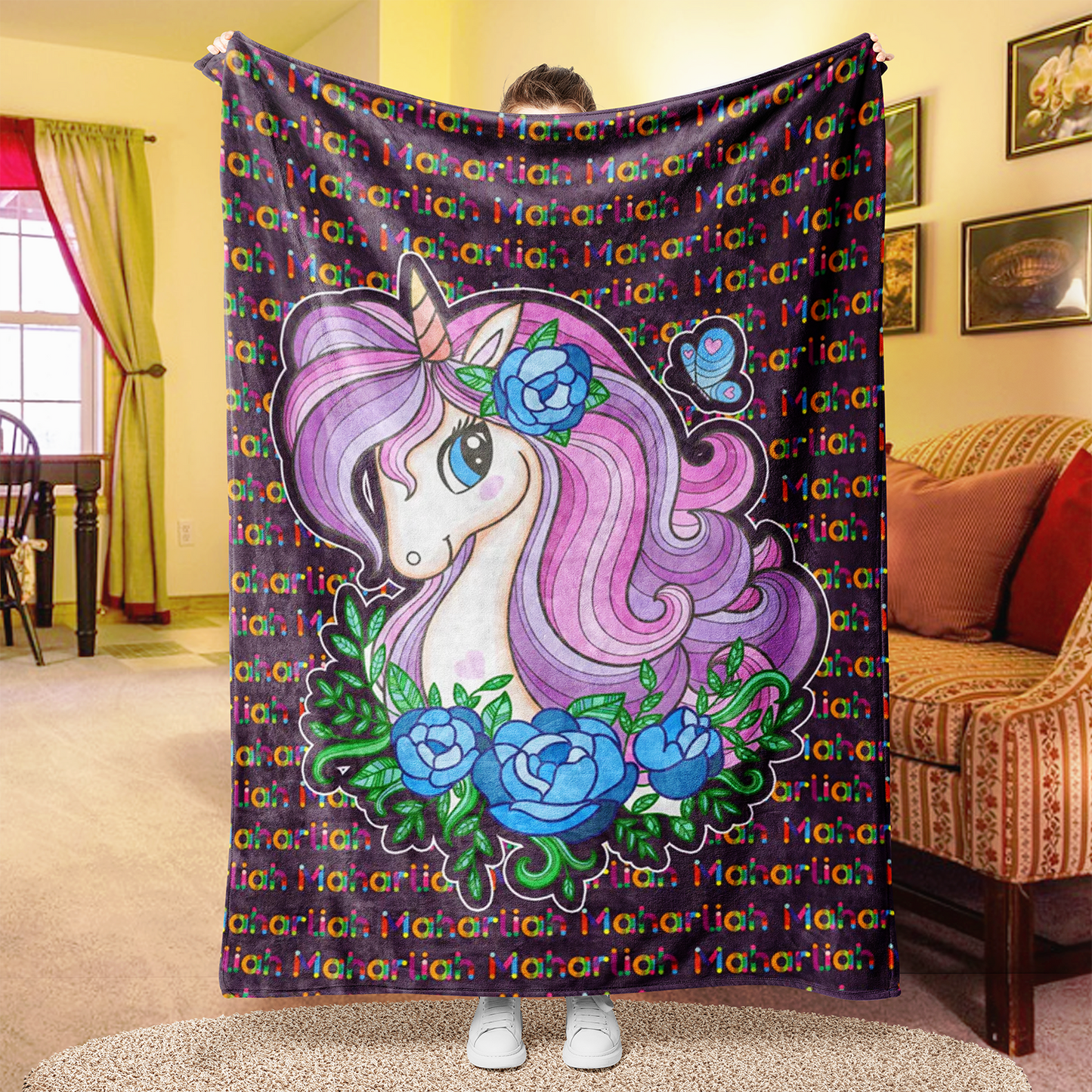 Custom Unicorn Colorful Name Blankets With Flower
