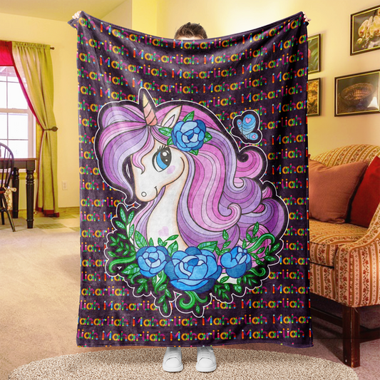 Custom Unicorn Colorful Name Blankets With Flower