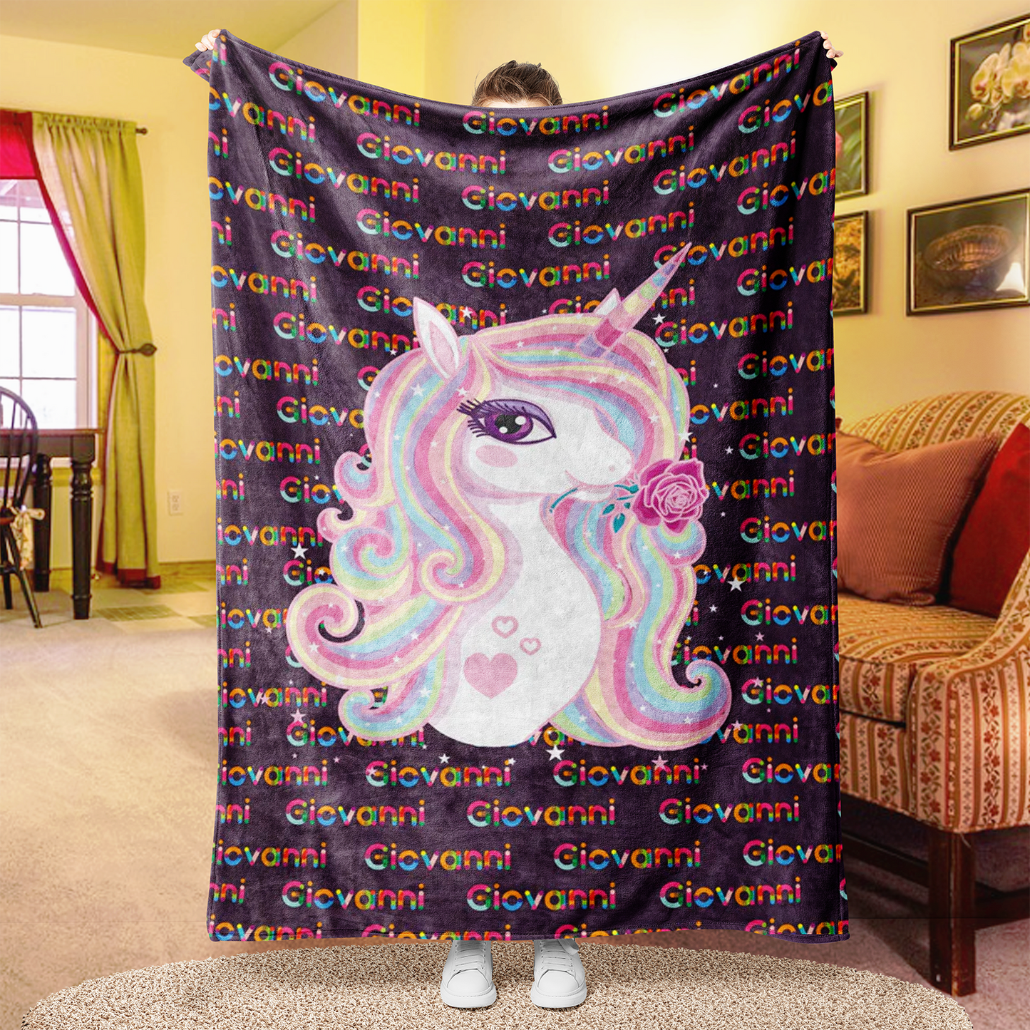 Custom Unicorn Colorful Name Blankets With Rose