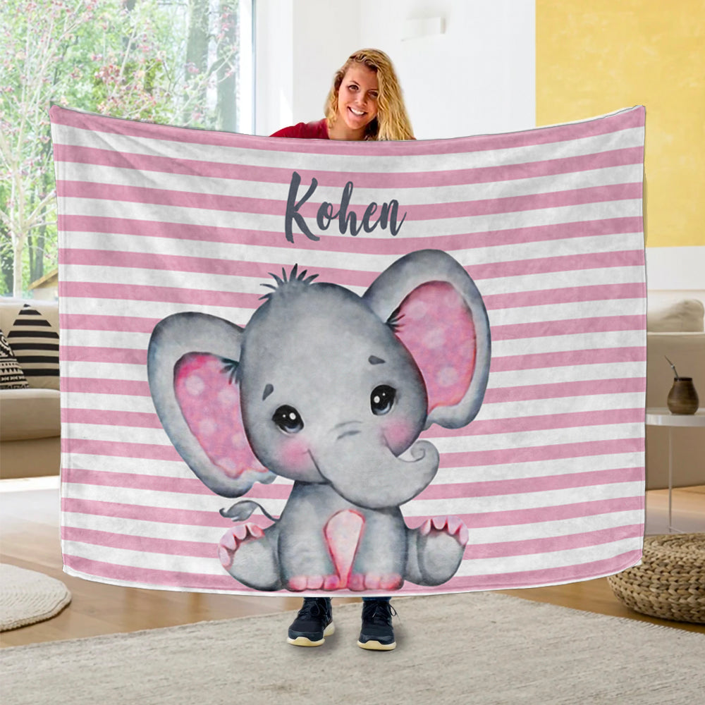 Personalized Elephant Name Fleece Blanket Blue