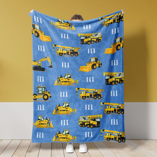 Custom Name Fleece Construction Blanket I22 - Trucks, Excavatros, Tractor, Tools Car For Kids