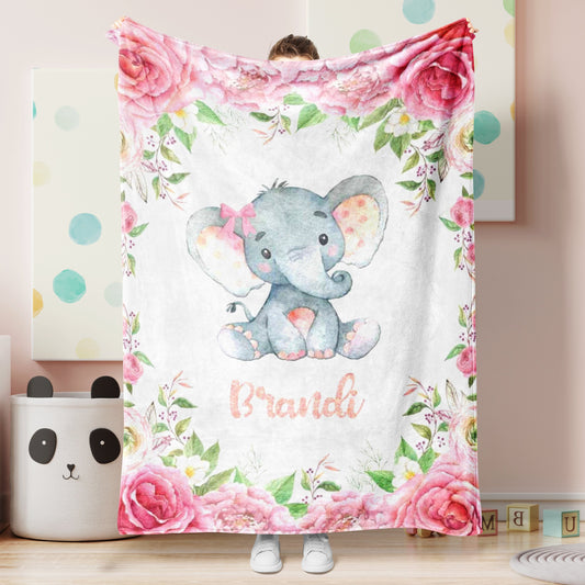 Personalized Minky Blanket Elephant Pink Flower Newborn Baby Girl