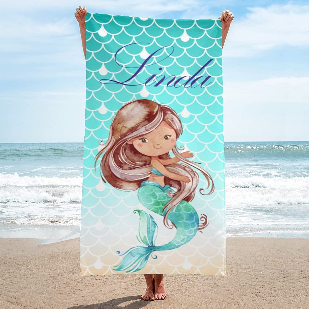 Personalized Kids Microfiber Beach Towel Mermaid Watercolor Styles