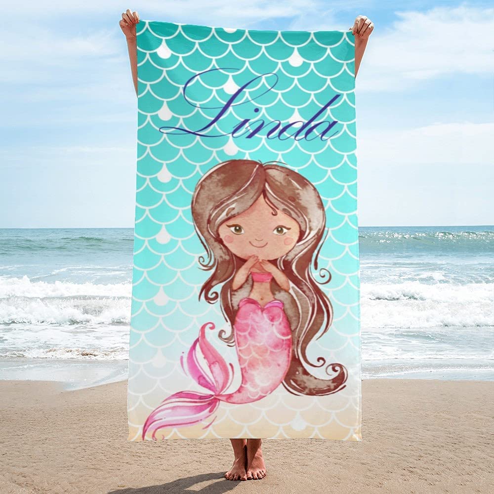 Personalized Kids Microfiber Beach Towel Mermaid Watercolor Styles