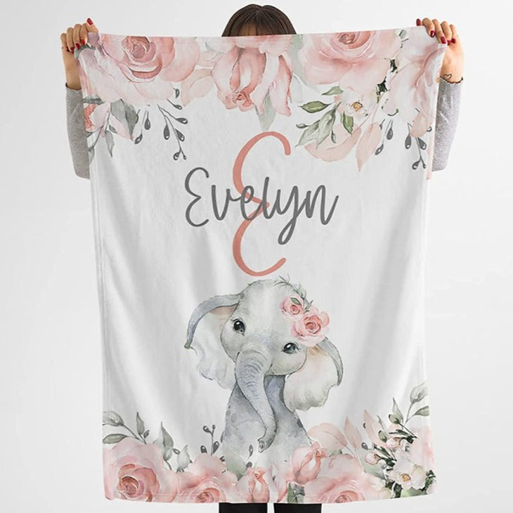 Personalized Minky Blanket Elephant Pink Flower Newborn Baby Girl Children Name
