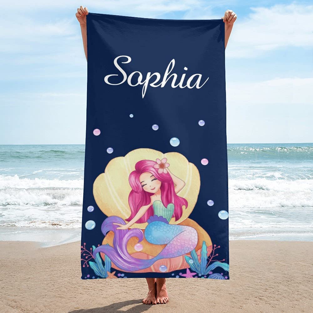 Personalized Kids Beach Towel Mermaid Navy