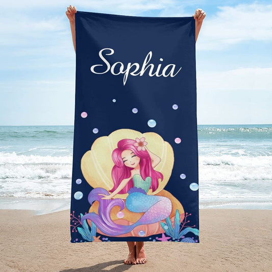 Personalized Kids Beach Towel Mermaid Navy