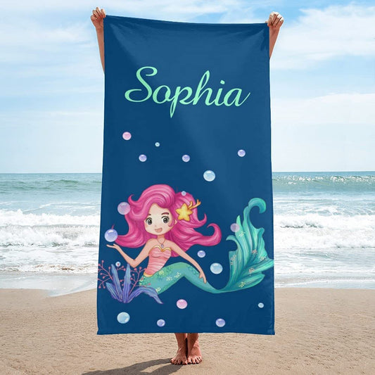 Personalized Kids Microfiber Beach Towel Mermaid Blue