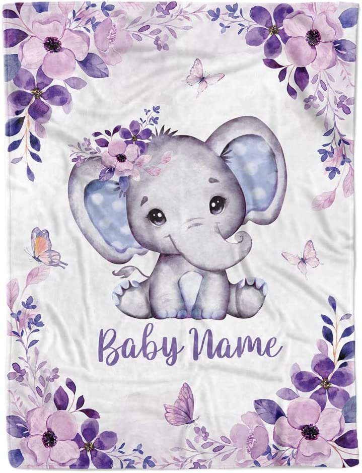 Personalized Minky Blanket Elephant With Flowers Purple