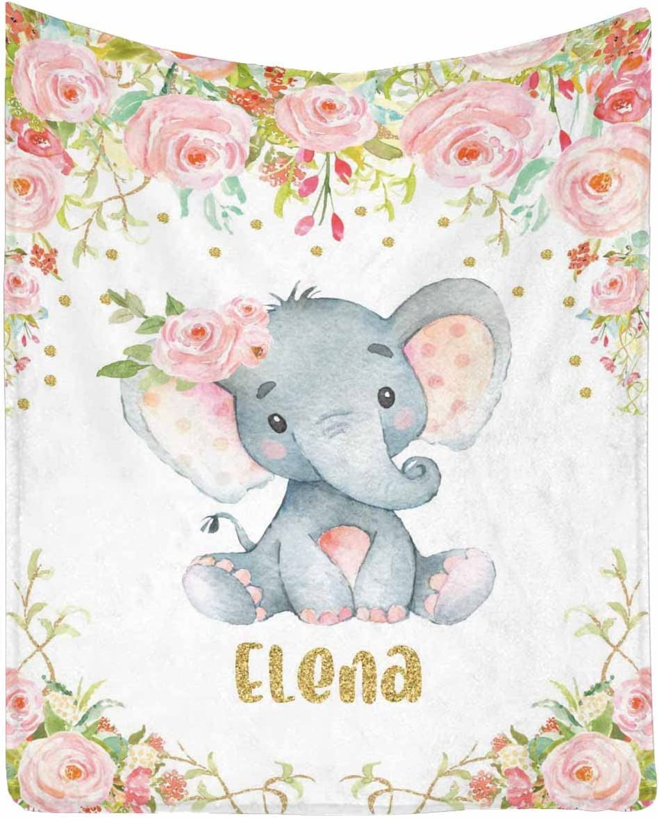 Personalized Elephant Pink Flower Newborn Baby Girl Children Name Fleece Blanket | 110422