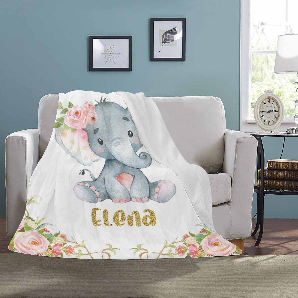 Personalized Elephant Pink Flower Newborn Baby Girl Children Name Fleece Blanket | 110422