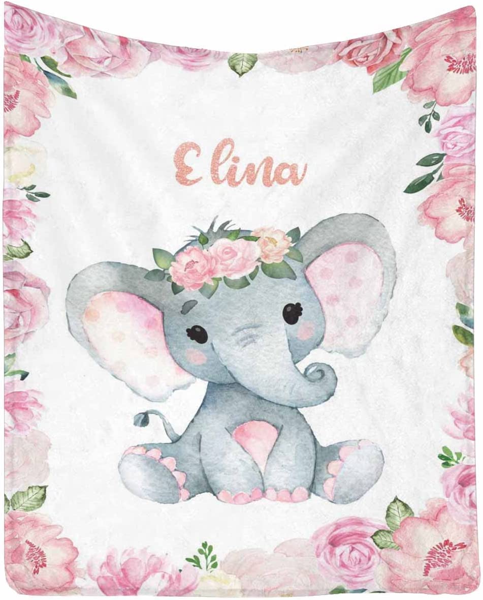 Personalized Minky Blanket Elephant Pink Flower Newborn Baby Girl Children Name