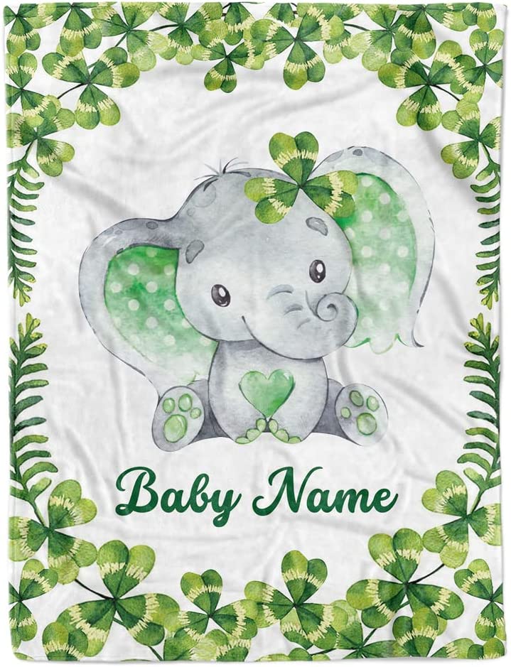 Personalized Elephant Green Leaves Newborn Baby Girl Children Name Fleece Blanket | 111222