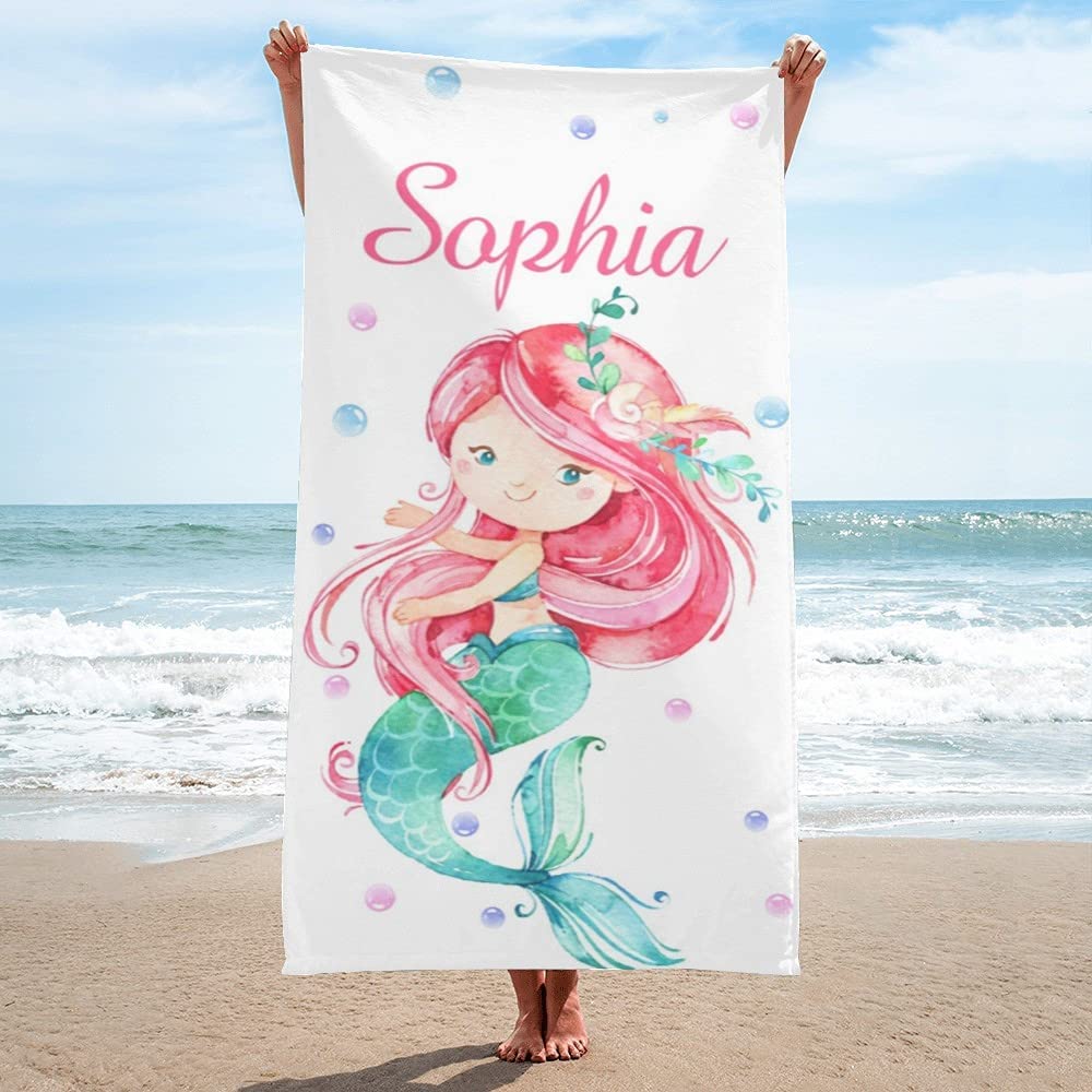 Personalized Kids Microfiber Beach Towel Mermaid Watercolor Styles