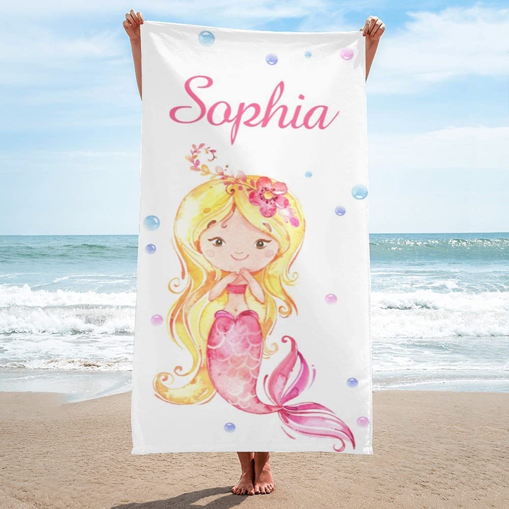 Personalized Kids Microfiber Beach Towel Mermaid Watercolor Styles