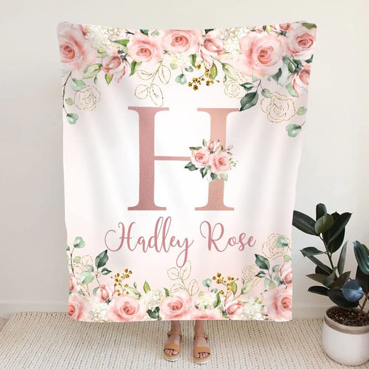 Personalized Minky Fleece Flower Baby Blanket Rose