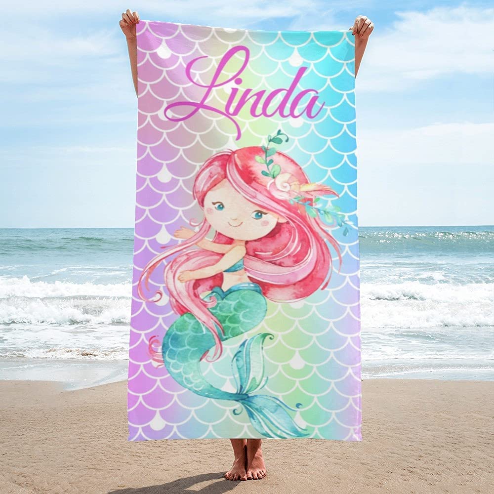 Personalized Kids Microfiber Beach Towel Mermaid Watercolor Styles
