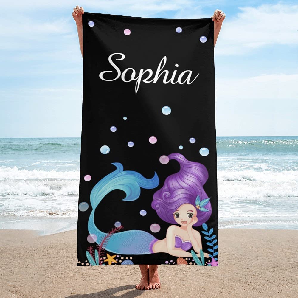 Personalized Kids Beach Towel Mermaid Black