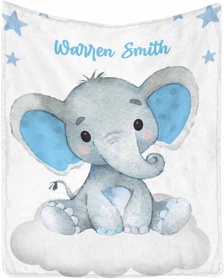 Personalized Elephant Blue Cloud Newborn Baby Girl Children Name Fleece Blanket | 110522