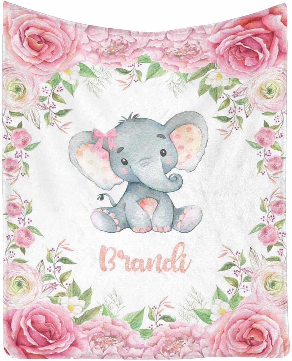 Personalized Minky Blanket Elephant Pink Flower Newborn Baby Girl