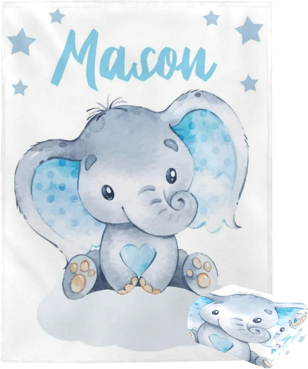 Personalized Name Fleece Blanket Elephant With Star Blue