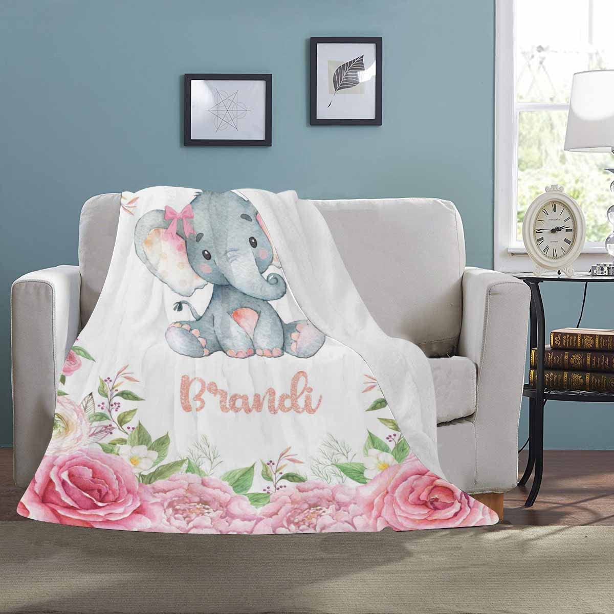 Personalized Minky Blanket Elephant Pink Flower Newborn Baby Girl