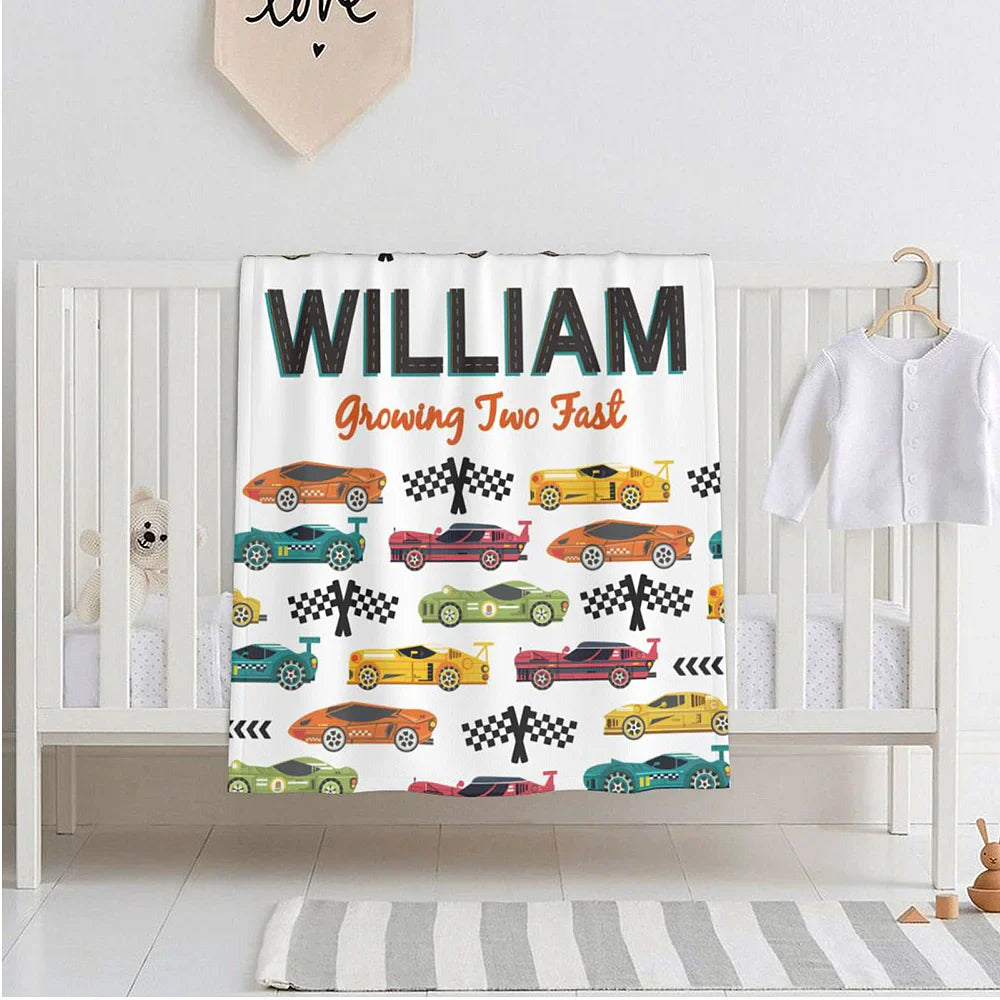 Personalized Name Fleece Racing Car Theme Blanket Toddler Baby Boy Girls | 112308