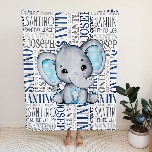 Personalized Weighted Blanket Elephant Name Art Blue