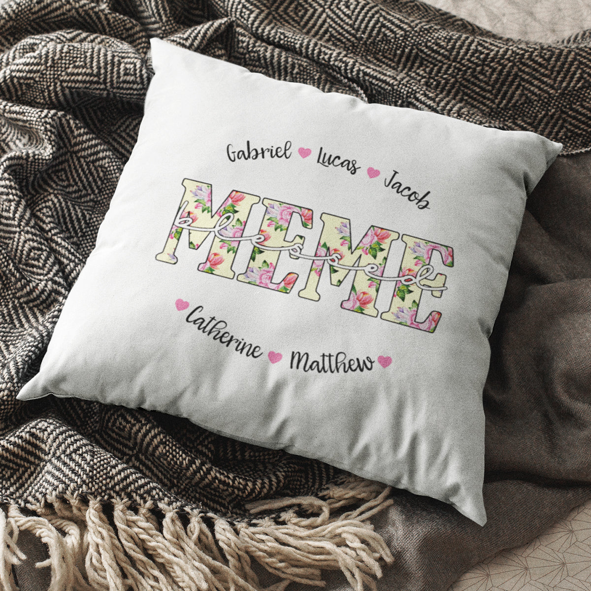 Personalized Blessed Mom Grandma Nana Name Pillow With Pink Flower