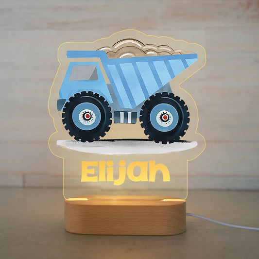 Personalized Cartoon Dump Truck Wood-base Night Light with LED Lighting for Children -I34 Blue