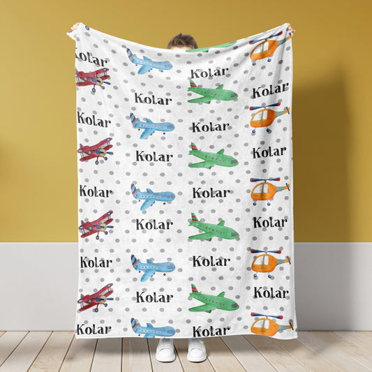Custom Name Fleece Airplane Blanket Toddler Baby Boy Girls | 112202