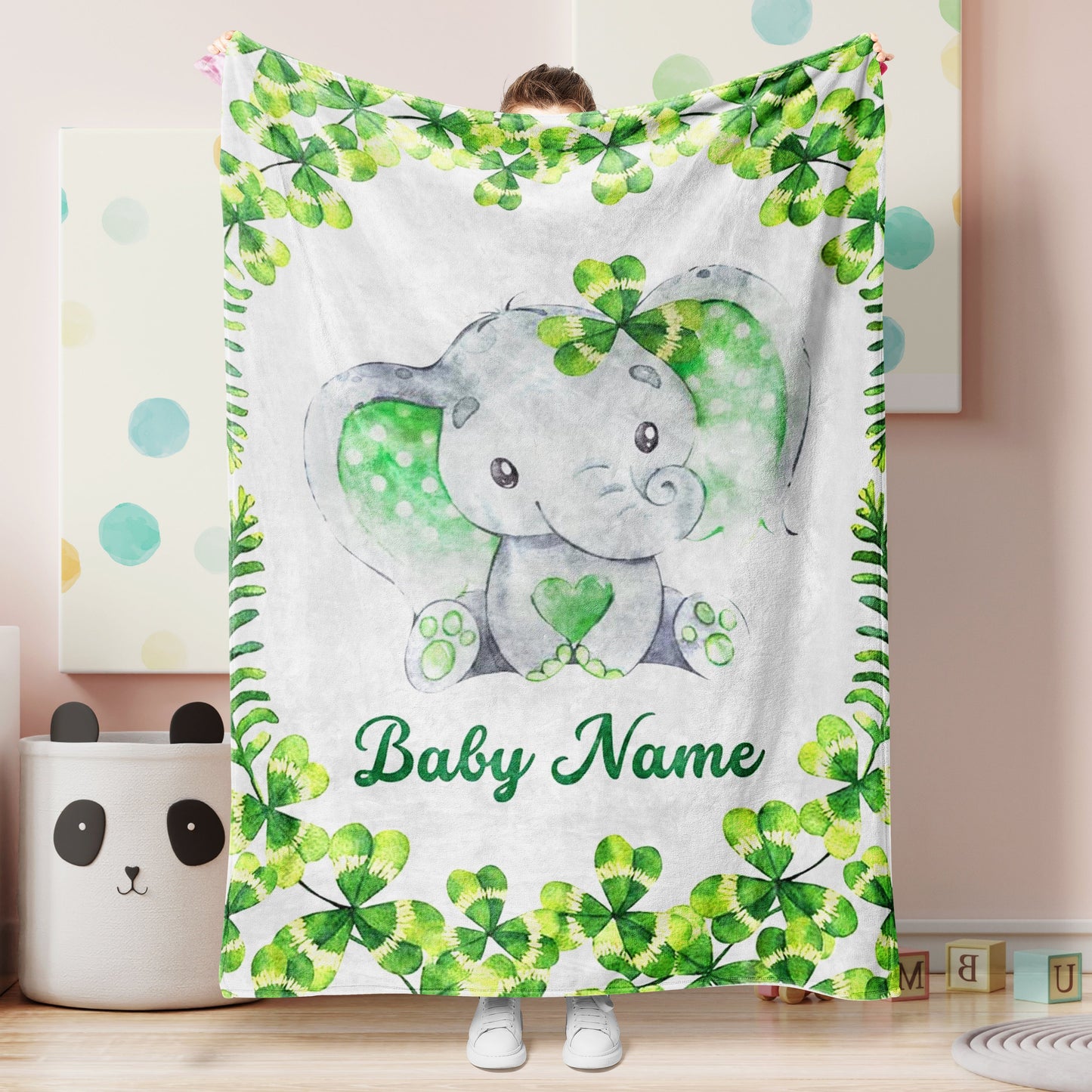 Personalized Elephant Green Leaves Newborn Baby Girl Children Name Fleece Blanket | 111222