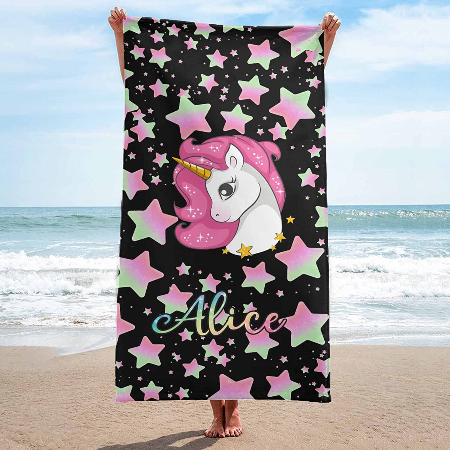 Personalized Unicorn With Stars Kids Beach Towel