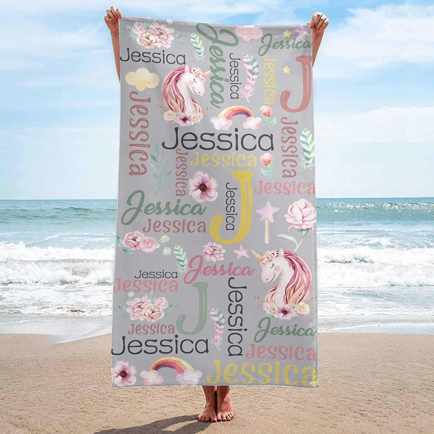 Personalized Unicorn Word Art Kids Beach Towel Multiple Colors
