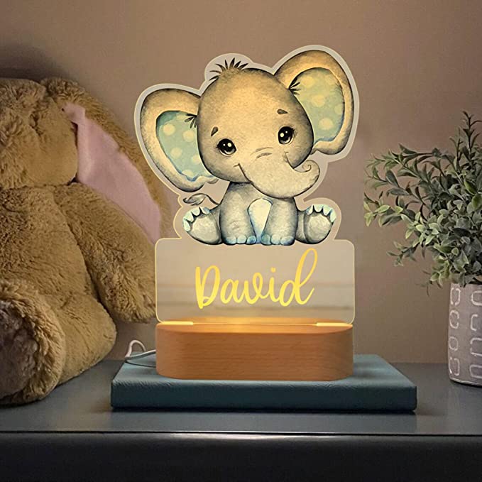 Personalized Bedroom Led Night Light Boys Girls Animal Theme Elephant Blue Pink