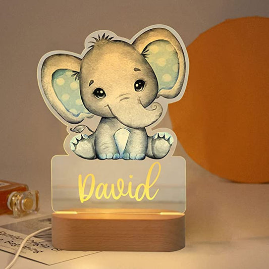Personalized Bedroom Led Night Light Boys Girls Animal Theme Elephant Blue Pink