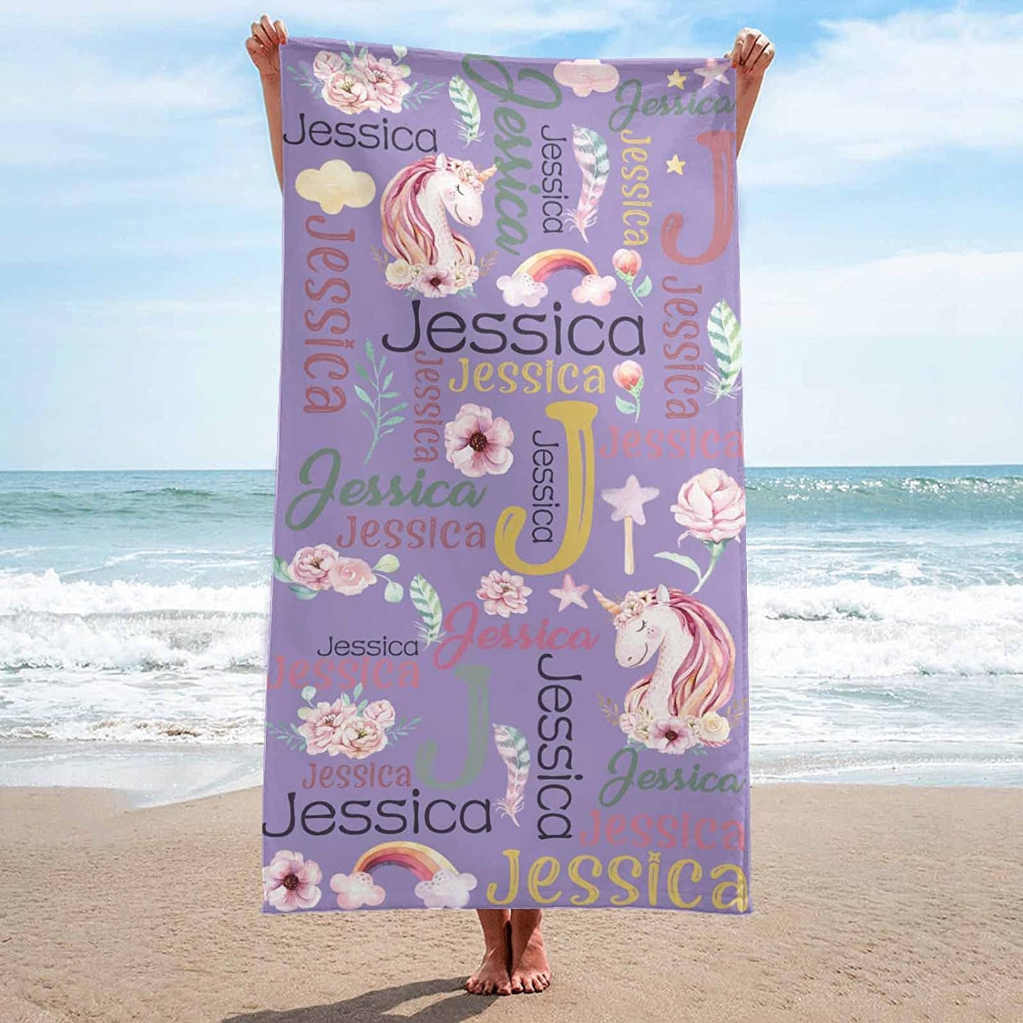 Personalized Unicorn Word Art Kids Beach Towel Multiple Colors