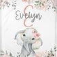 Personalized Minky Blanket Elephant Pink Flower Newborn Baby Girl Children Name