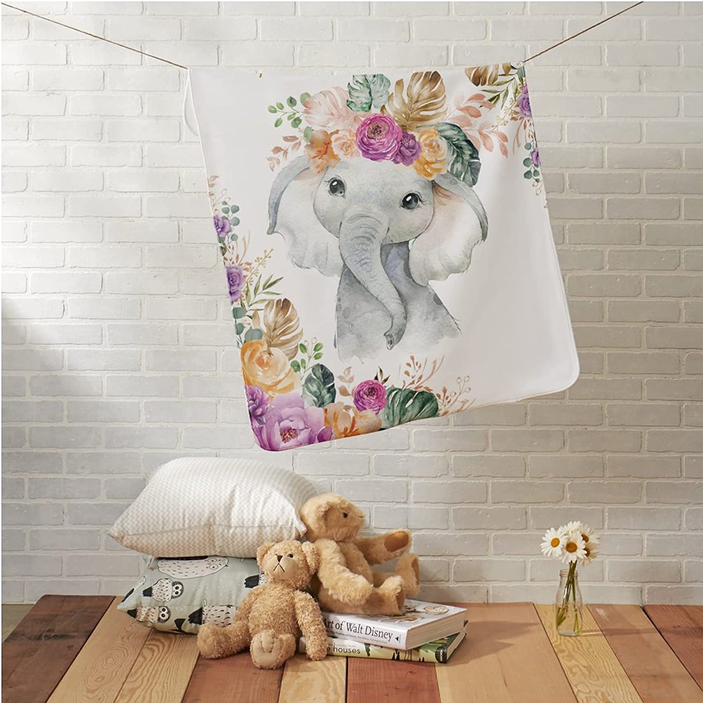 Custom Elephant Baby Blankets With Flower Around