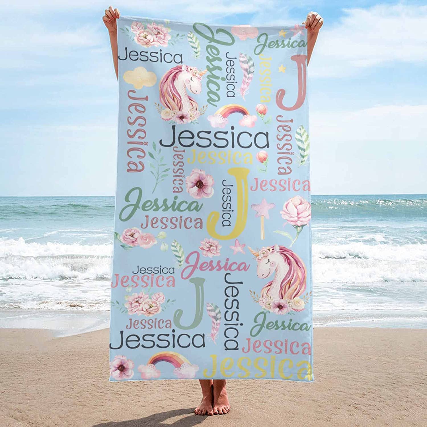 Personalized Unicorn Word Art Kids Beach Towel Multiple Colors
