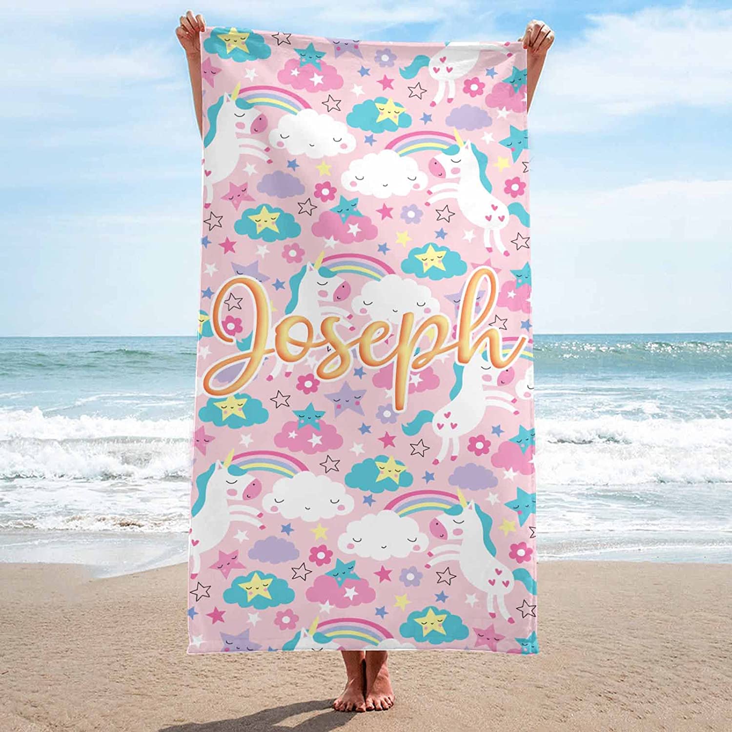 Personalized Unicorn With Rainbow Kids Beach Towel