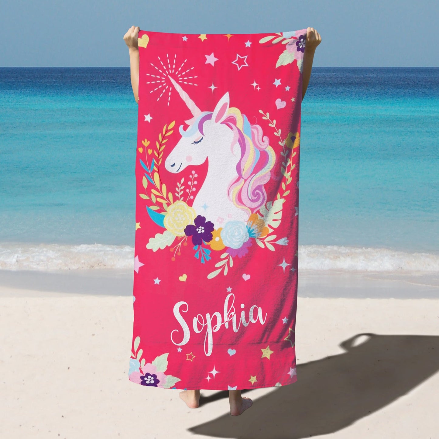 Personalized Kids Microfiber Beach Towel Magic Unicorn Pink