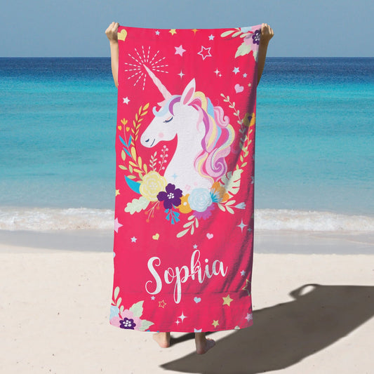 Personalized Kids Microfiber Beach Towel Magic Unicorn Pink