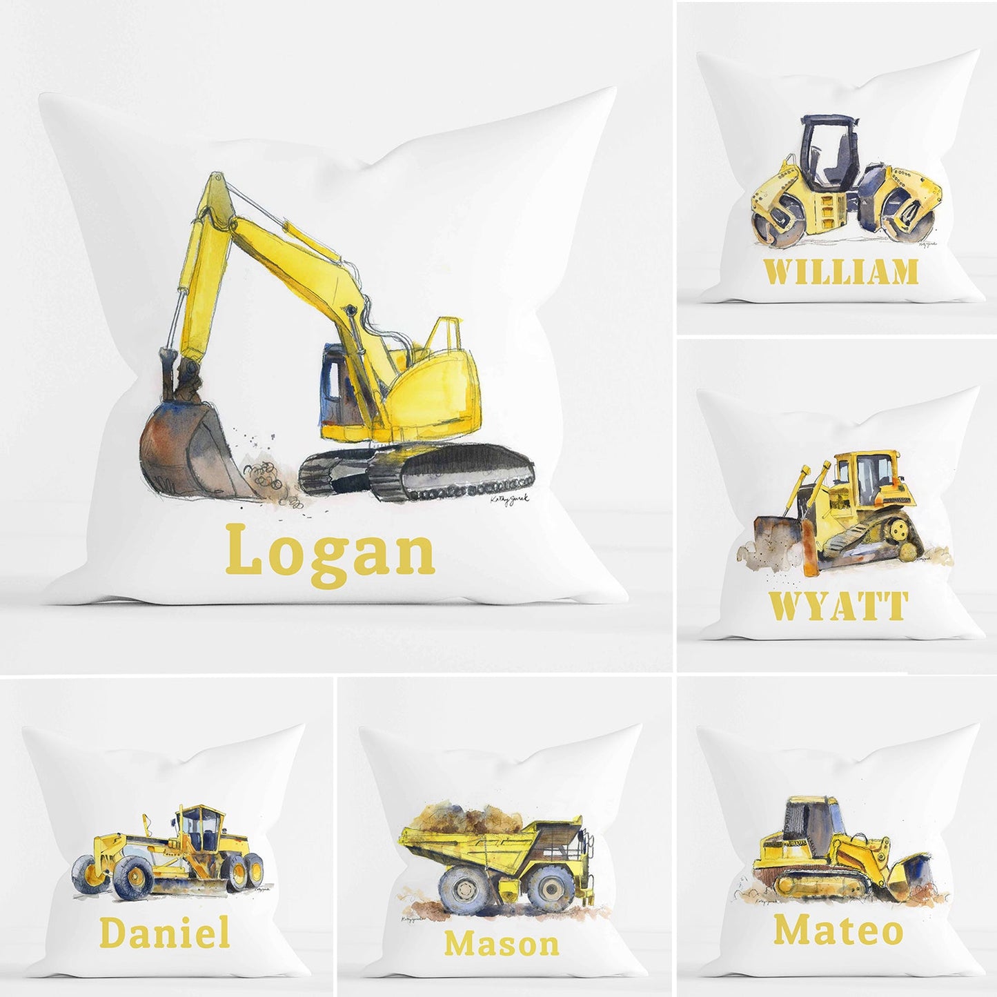 Personalized Baby Kids Throw Pillow Water Color Truck