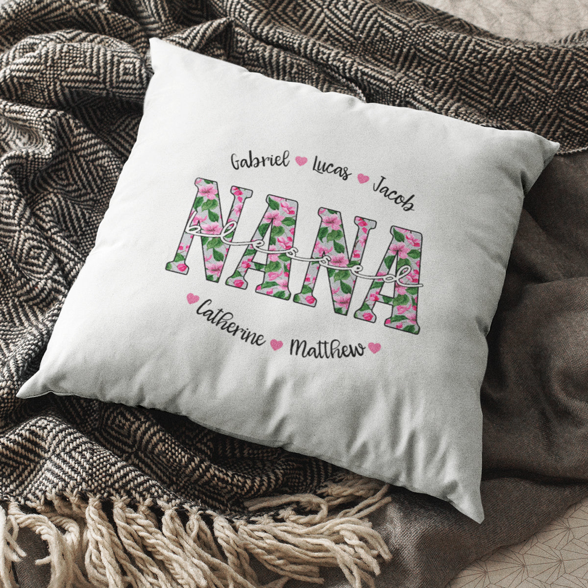 Personalized Blessed Mom Grandma Nana Gigi Name Pillow With Blossoms