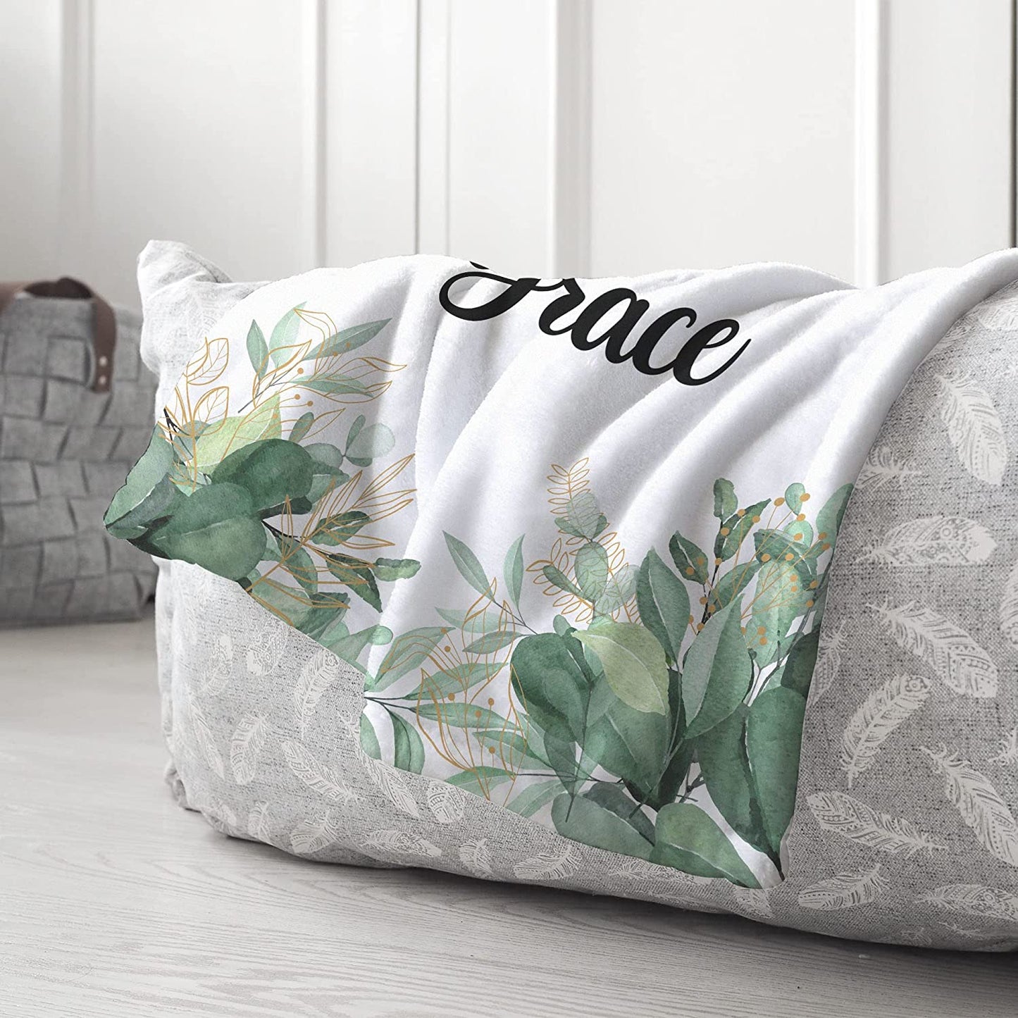 Personalized Minky Fleece Flower Baby Blanket Green Leaves