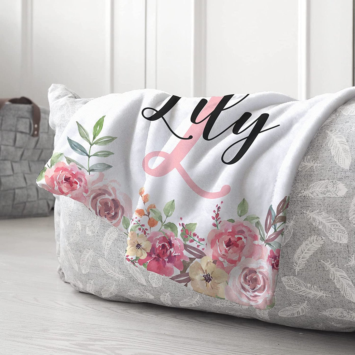 Personalized Minky Fleece Flower Baby Blanket Pink Roses