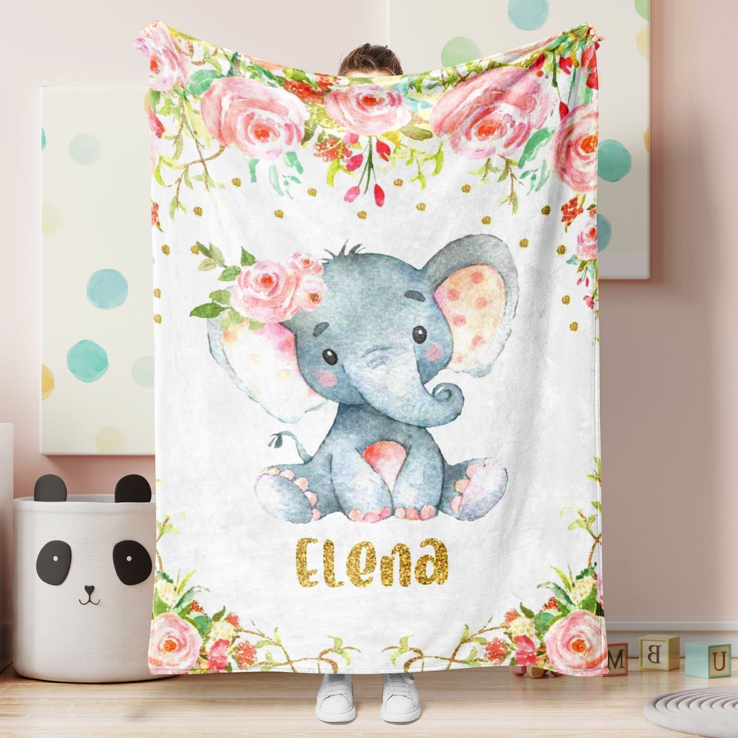 Personalized Elephant Pink Flower Newborn Baby Girl Children Name Fleece Blanket | 110422