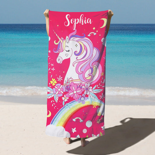 Personalized Kids Microfiber Beach Towel Magic Unicorn Rainbow Pink