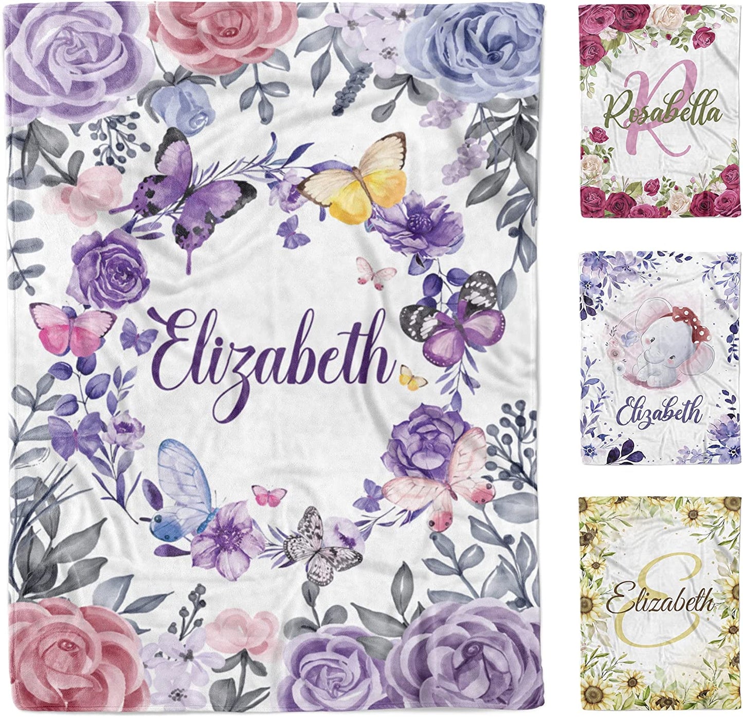 Personalized Name Fleece Butterfly Blanket Purple